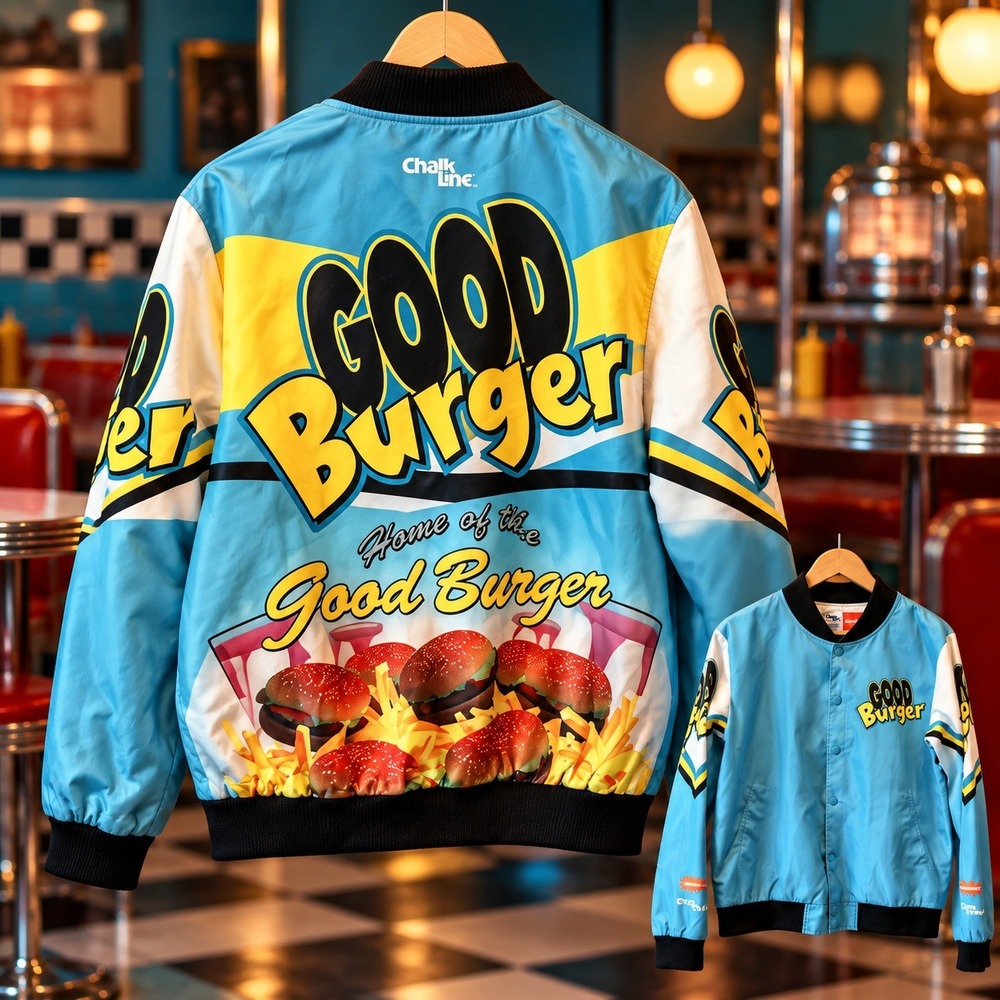 Chalk Line Good Burger Satin Bomber Jacket Mens M Blue Nickelodeon Graphic Snap